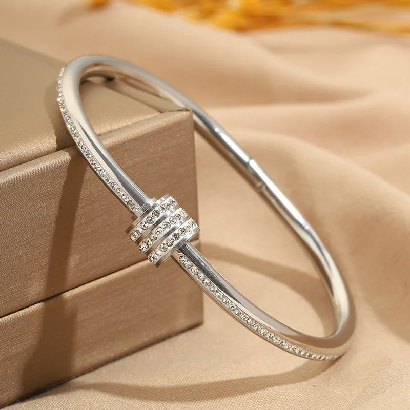 Female Open Cuff Bangle Cubic Zirconia Minimalist Bracelets Light Luxury Elegant Fashion Jewelry Women's Accessories Gift Bulk