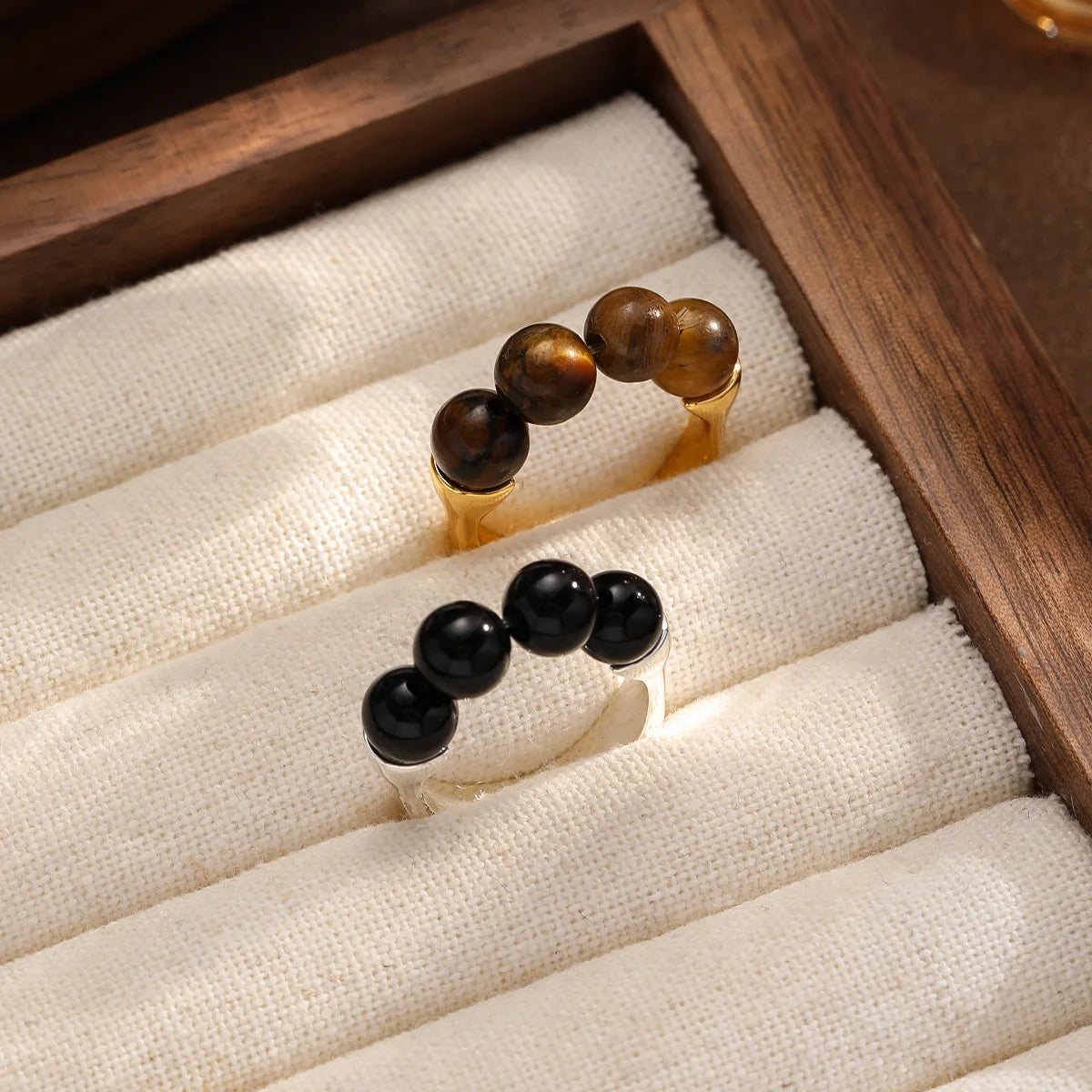 Unisex Black Brown Tiger Eye Beads Colorfast Obsidian Rings Fashion Charms Factory Price Low MOQ in Stock Jewelry for Daily