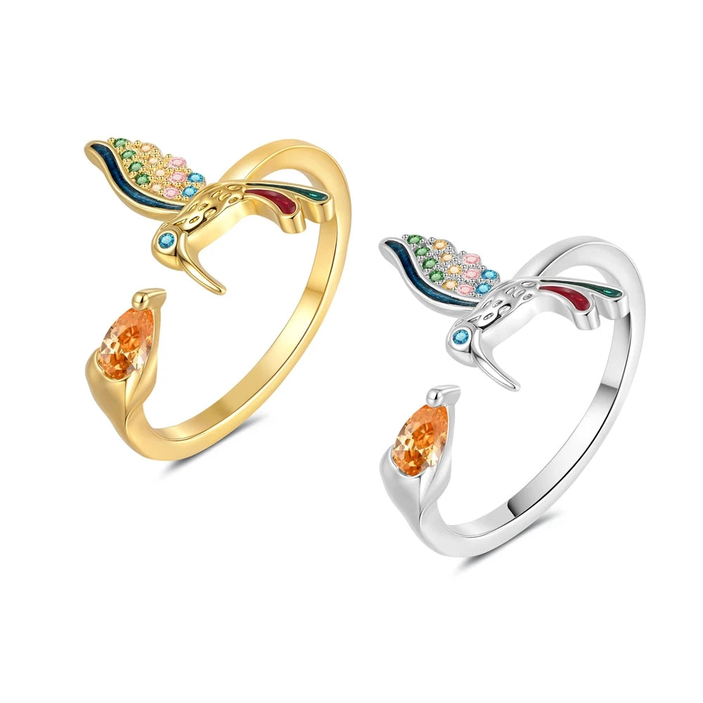 Women's Adjustable Hummingbird Rings Fashionable Simple Inlaid with Colorful Zircon Luxury Ring Accessories European American