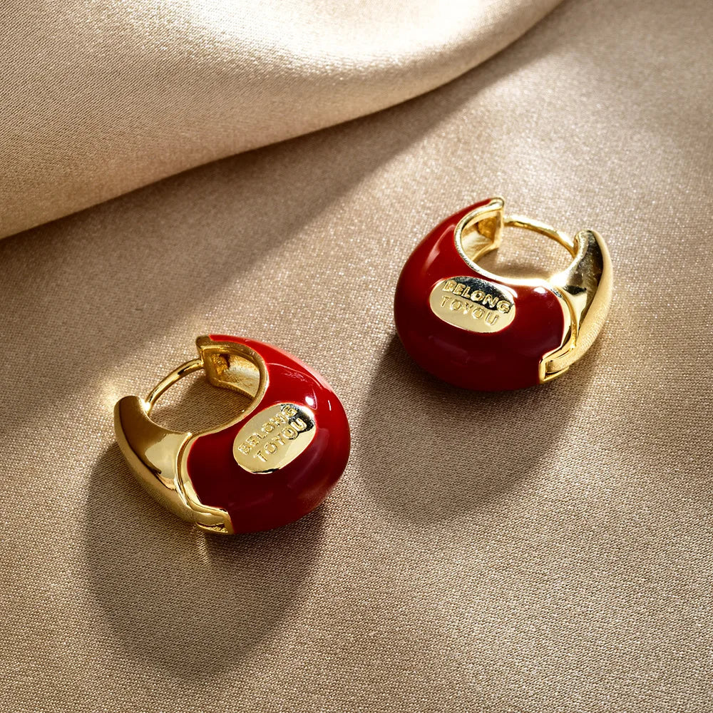 French Retro Women's Earrings Fashionable Red Enamel Oil Drip Elegant Ear Buckle Light Luxury High-end Hoop Earrings Accessories
