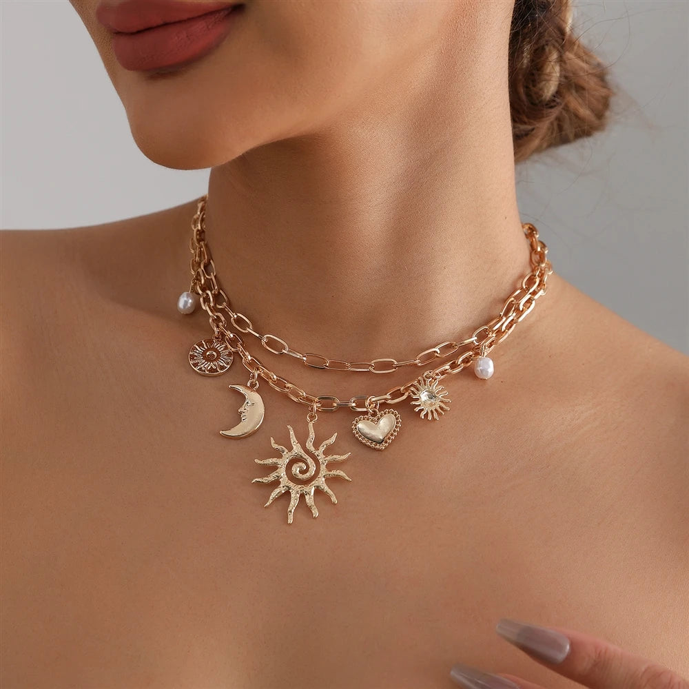 Fashion Punk Link Sun Heart Shaped Necklaces for Girls Elegant Charms Luxury Jewelry for Women Ladies Accessories Wholesale