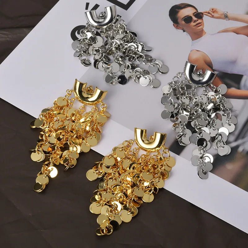 European and American Metal Style Sequined Tassel Stud Earrings  Elegant Statement Fashionable Grunge Ear Accessories Wholesale