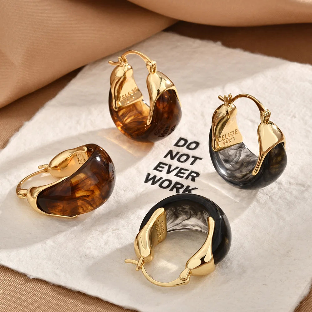 Resin U-shaped Earrings Women Vintage Simple Fashion Hoop Earrings Luxury High-end Elegant Earrings Maillard Style Autumn Winter