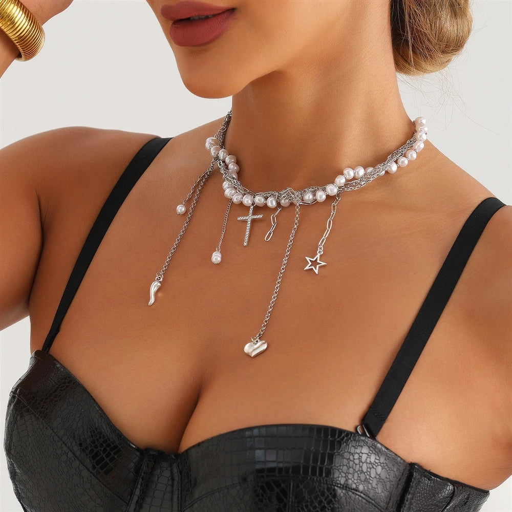 Fashion Imitation Pearl Tassel Heart Star Cross Necklaces for Girls Gothic Sweet Spicy Jewelry for Women Ladies Accessories