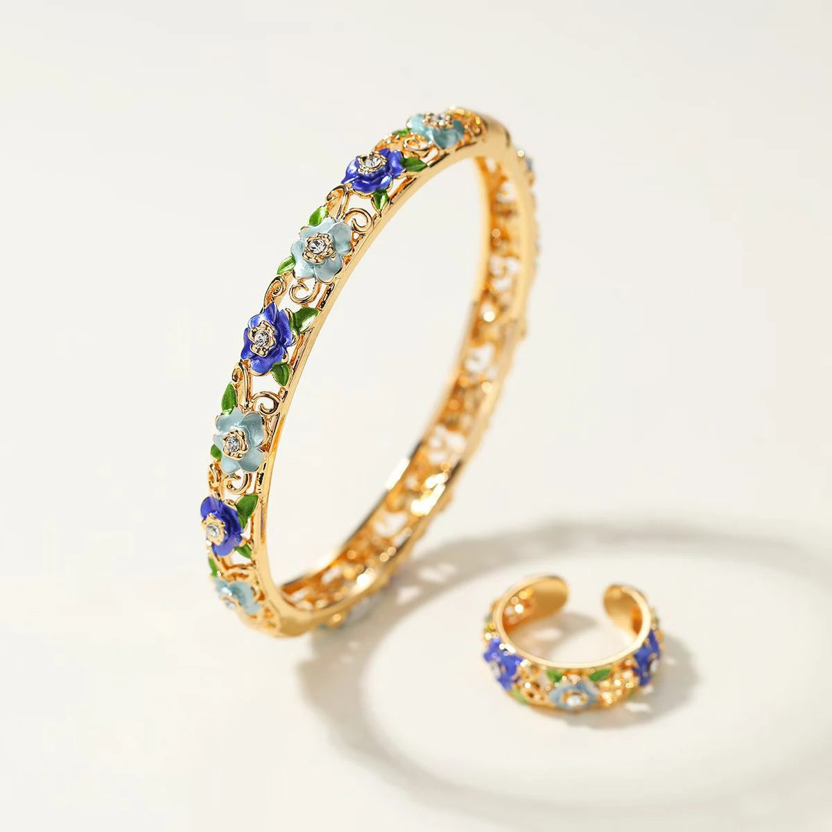 Fashion Vintage Charms Elegant Bangles Charms Rings for Girls Dainty Flowers Graceful Jewelry Sets for Women Ladies Accessories