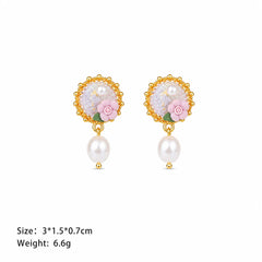 Women Flower Freshwater Pearl S925 Silver 18k Gold-plated Hand-Painted Drip Glaze Earring Elegant Glamorous in Stock Jewelry