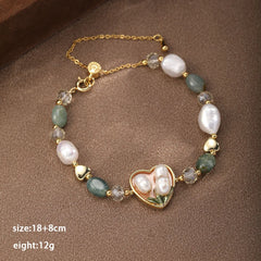 Fashion Freshwater Pearl Green Agate Glass Crystal Bracelets for Girls Vintage Heart Shaped Jewelry for Women Ladies Wholesale