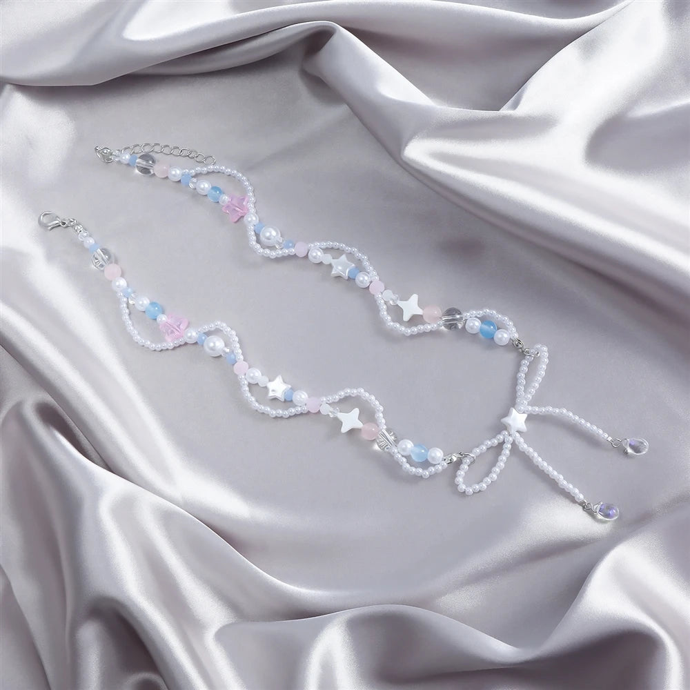 Fashion Sweet Bowknot Beads Princess Style Kawaii Necklaces for Girls Trendy Elegant Jewelry for Women Ladies Accessories