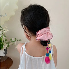 Girls Tassels Balls Decorative Solid Color Large Hair Ties Sweet Ethnic Fashion Ponytail Holder Scrunchies Accessories for Kids