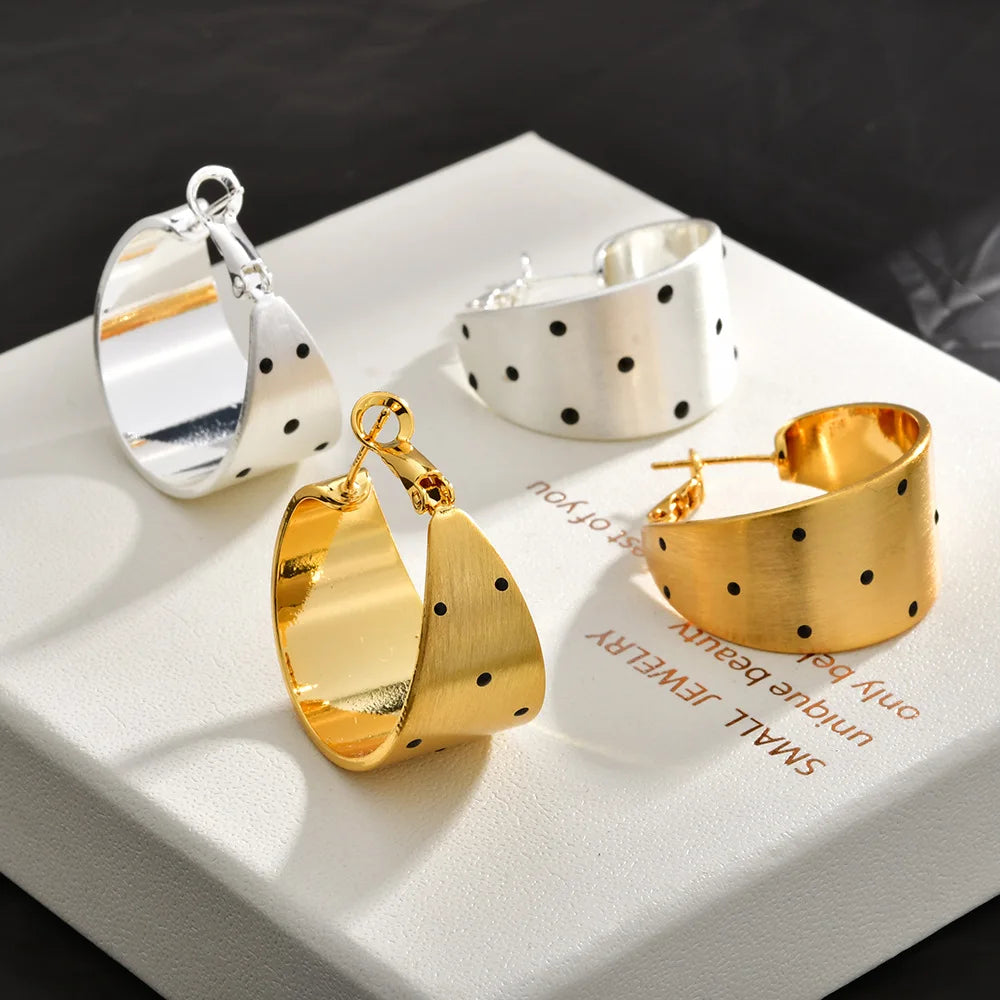 Wide Polka Dot Hoop Earrings Women Gold Brushed Metal Statement Earrings Fashion Jewelry Lightweight Party Accessories Wholesale