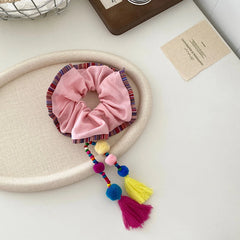 Girls Tassels Balls Decorative Solid Color Large Hair Ties Sweet Ethnic Fashion Ponytail Holder Scrunchies Accessories for Kids
