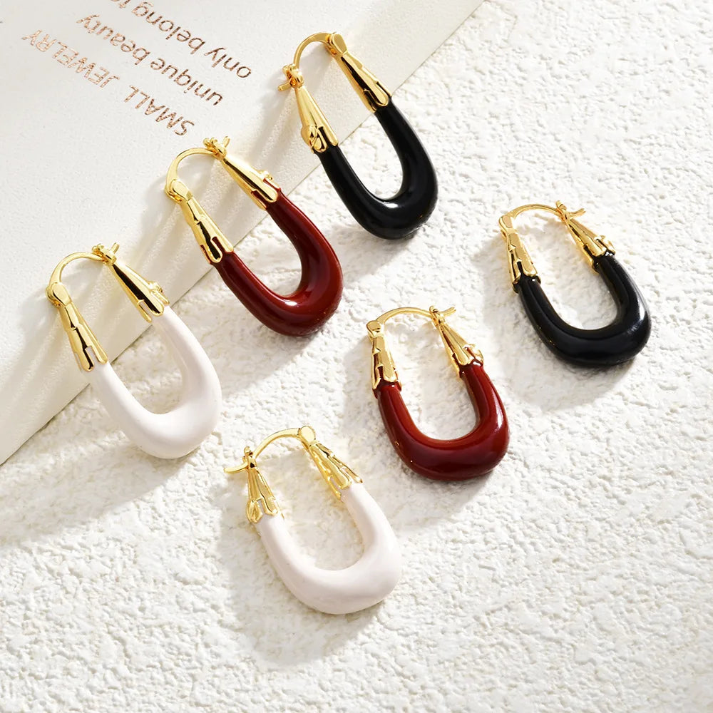 French Geometric Ear Buckles Solid Colors Wine Red Oil-Dripping U-Shaped Earrings Casual Elegant Fashion Earrings Women Bulk
