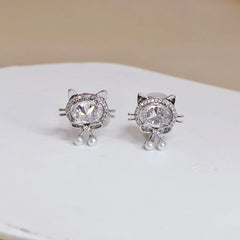 Ladies Cat Shape Imitation Pearl Small Clip-on Earring Sparking Glitter Fashion Cute Wholesale High Quality Jewelry Accessories