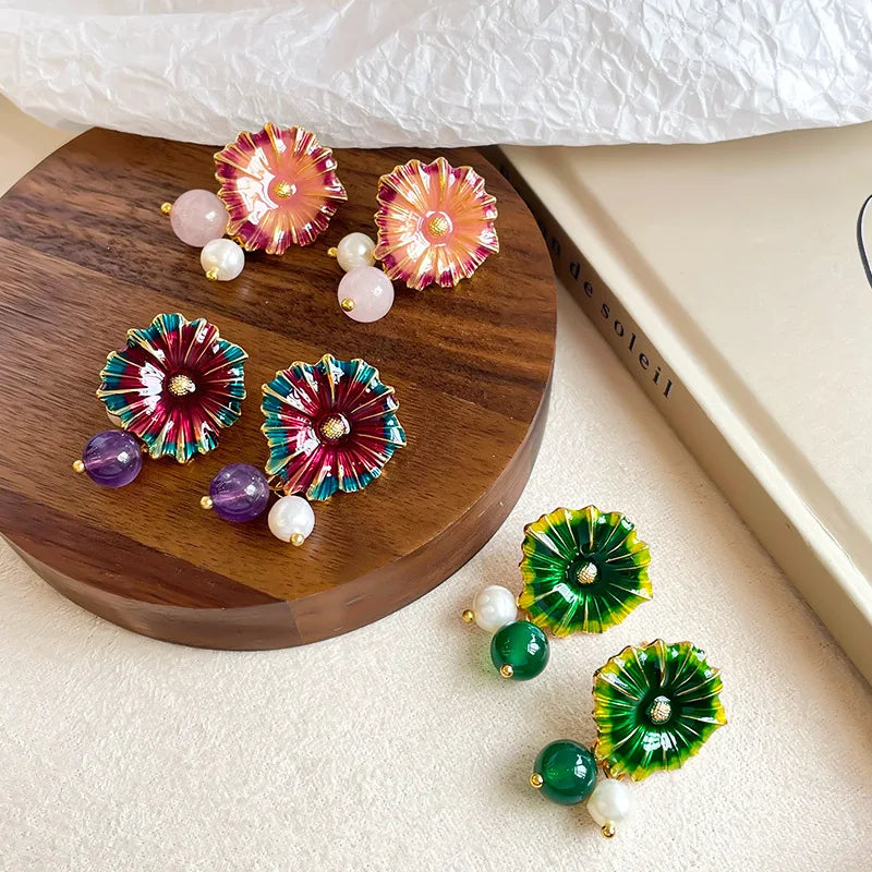 Female Green Pink Flower S925 Silver Freshwater Pearl 18k Gold-plated Drop Earring Bulk in Stock Fashion Jewelry for Daily