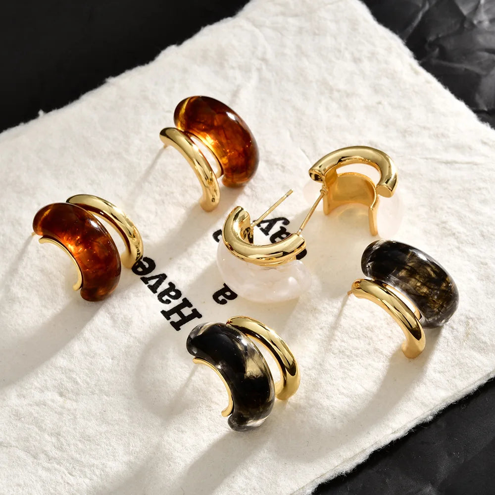 Retro Resin Chunky Hoop Earrings Women Copper Gold-plated Geometric Stud Earrings Fashion Jewelry Vintage Style Gift Wholesale