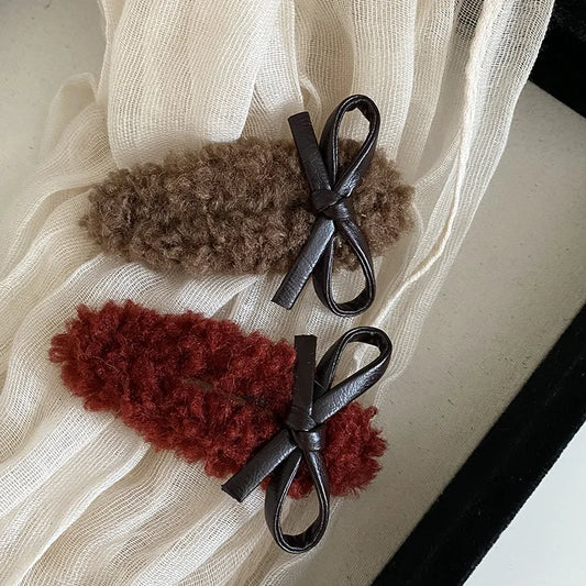Fashion Bowknot Solid Color Fluffy Hair Clips for Girls Sweet Trendy Snap Clips for Women Ladies Hair Accessories in Stock