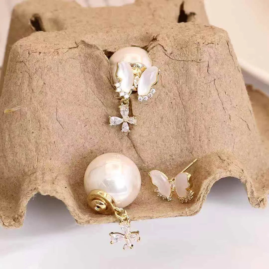 Elegant Sweet Imitation Pearl Butterfly Glitter Drop Earrings for Girls Glamorous Charms Jewelry for Women Ladies Accessories
