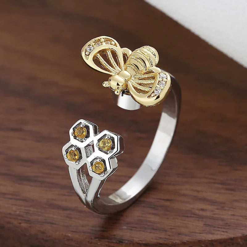 Light Luxury Honeycomb Bee Rotating Rings Flower Cute Ring Fashion Ins Women's Jewelry Accessory Cross-border Hot Sale Wholesale