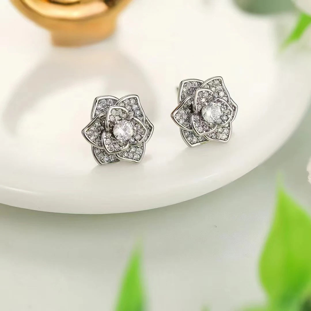 Women Rose Flower Shape Rhinestone Small Stud Earring Fashion Elegant Beauty Wholesale Jewelry Accessories for Female Daily Use
