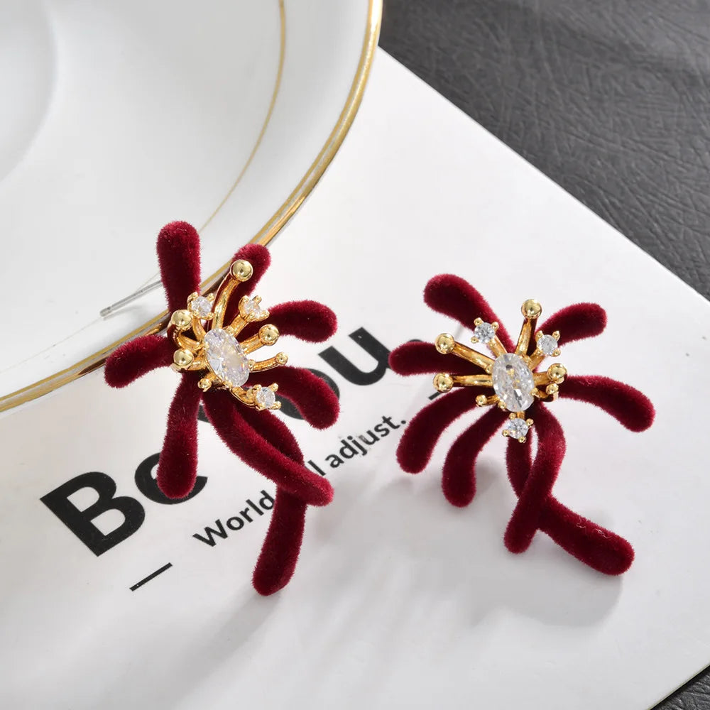Women's Flocked Irregular Organic Branch Stud Earrings Cubic Zirconia Unique Trendy Exquisite Earrings Accessory Autumn Winter
