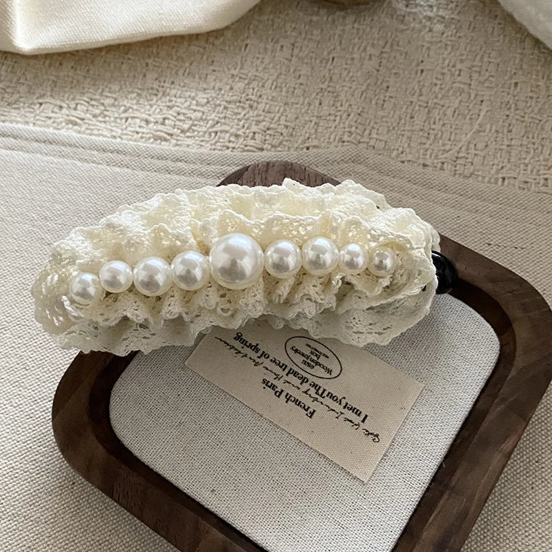 Gentle Banana Clips White Lace Hair Clips for Women Girls with Imitation Pearl French Elegant High-end Hair Accessory Wholesale