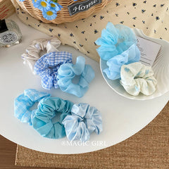 Hot Sale Women's Hair Ties Blue Solid Color with Cute Sweet Plaid Bowknot Scunchie Fashionable Flower Accessories for Girls
