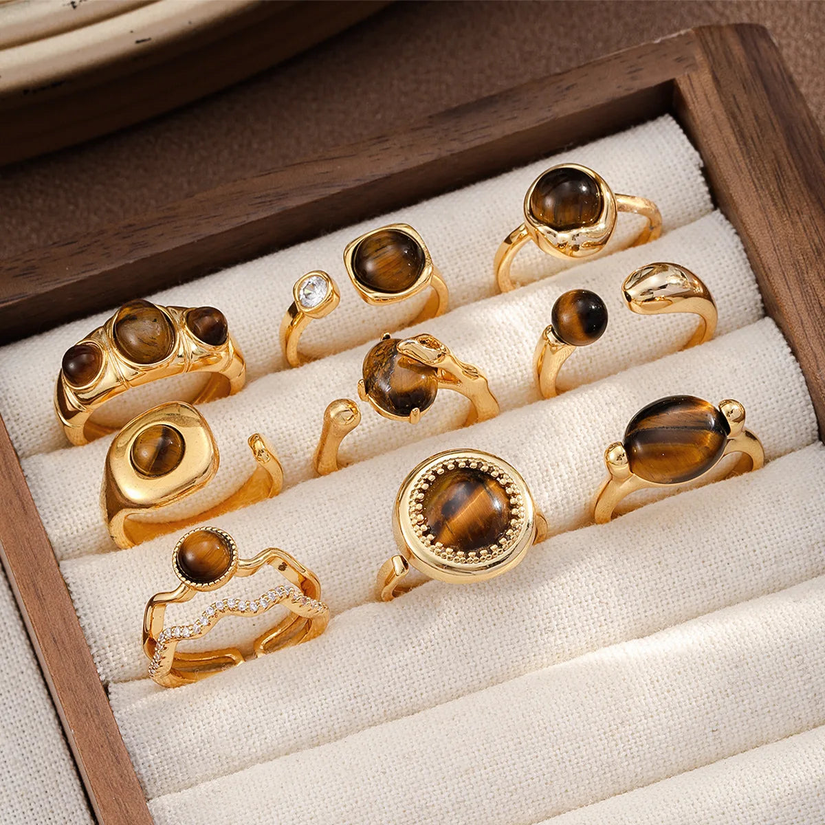 Fashion Tiger Eye Stone Copper 18K Gold Freshwater Pearl Rings for Girls Trendy Cubic Zirconia Jewelry for Women Lady Wholesale