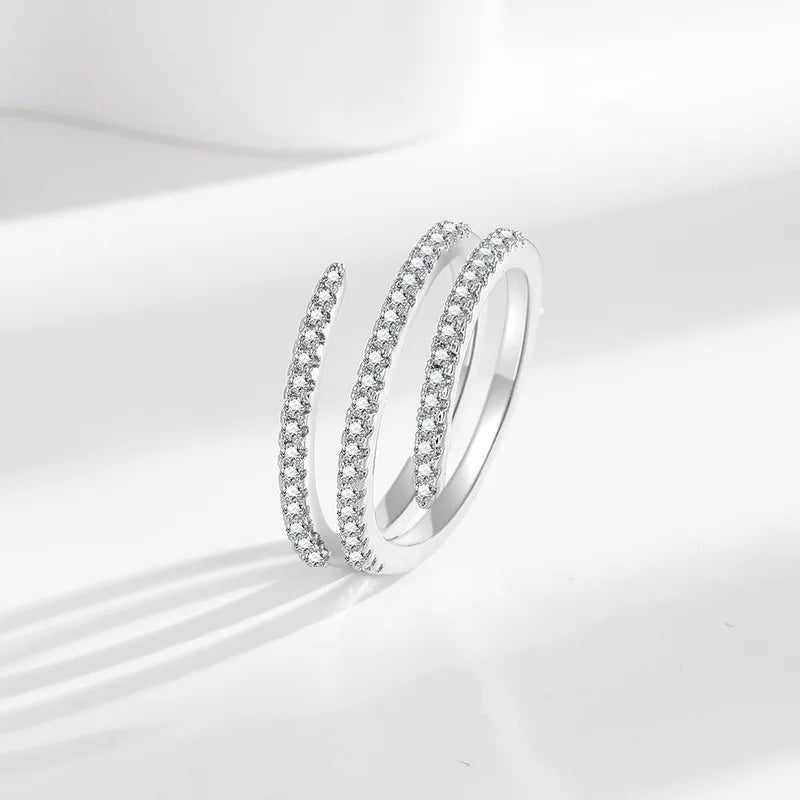Double Layer Open Ring for Women Adjustable Spiral Band with Cubic Zirconia Light Luxury Elegant Fashion Jewelry Gift Wholesale
