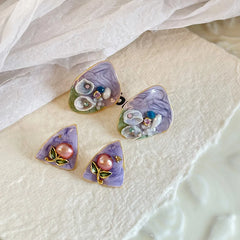 Girls Drip Glaze Hand-Painted Graffiti Purple Pink Flower Freshwater Pearl S925 Silver Stud Earring Elegant Trendy Jewelry