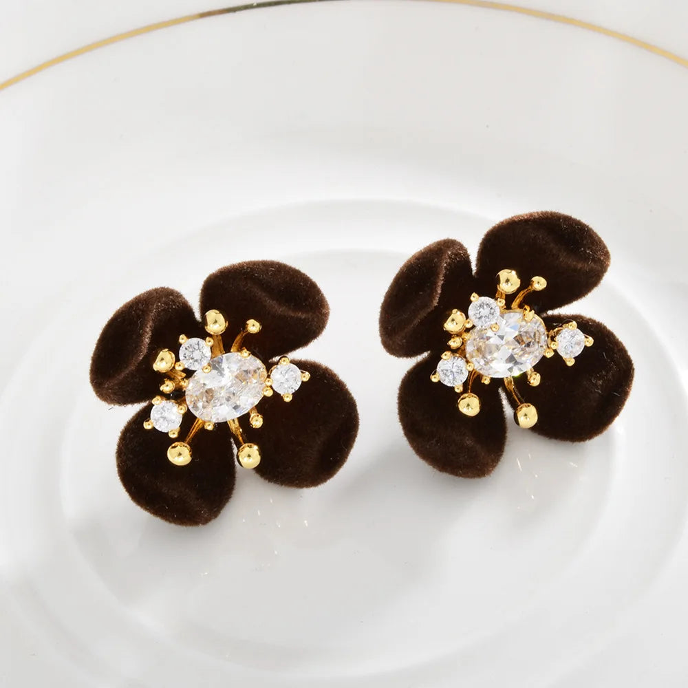 Retro Burgundy Flocked Flower Stud Earrings Ultra-Shiny Zircon-Inlaid Earrings Unique Design Elegant Ear Studs Autumn and Winter