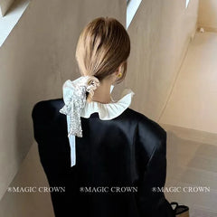 European Trendy Vintage Women's Hair Scrunchy Glitter Bows Hair Ribbon with High Elastic Elegant Daily Use Hair Accessory