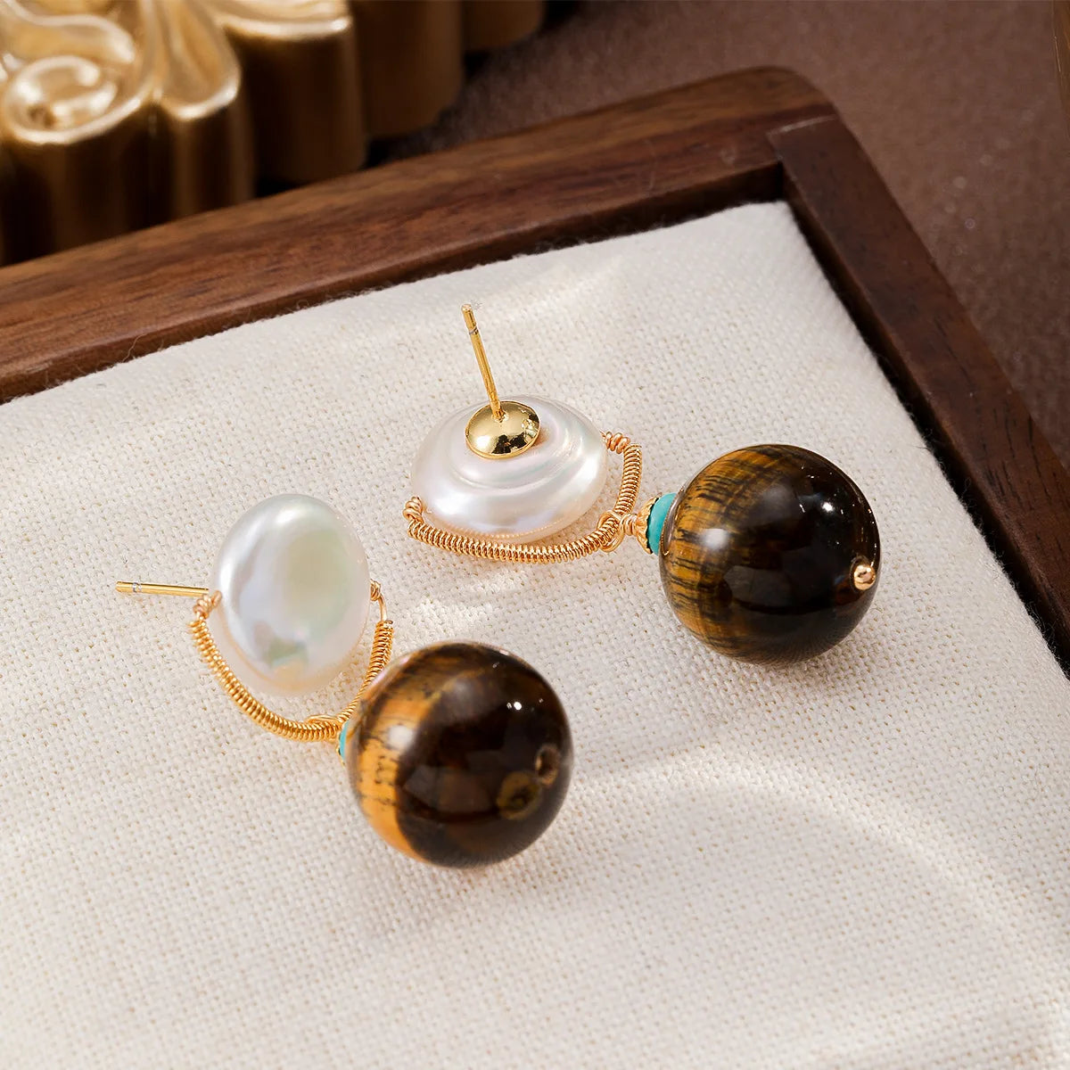 Fashion S925 Silver Baroque Pearl Tiger Eye Stone Turquoise Drop Earrings for Girls Vintage Jewelry for Women Ladies Wholesale