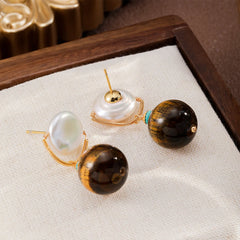 Fashion S925 Silver Baroque Pearl Tiger Eye Stone Turquoise Drop Earrings for Girls Vintage Jewelry for Women Ladies Wholesale