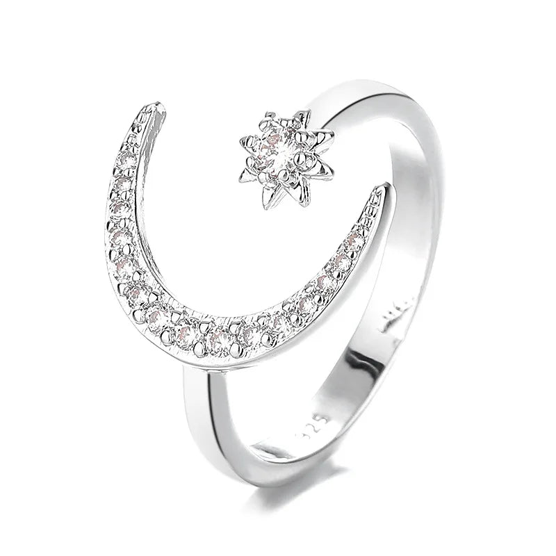 Hot Sale Elegant Dainty Moon and Star Open Rings Women Adjustable Cubic Zirconia Celestial Design Fashion Jewelry Gift Wholesale