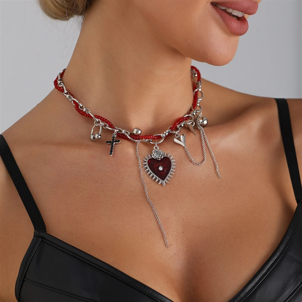 Fashion Trendy Red Heart Stylish Tassel Necklaces for Girls Sweet Glamorous Refined Jewellry for Women Ladies Accessories