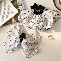 Hot Sale Medium Scrunchies Hair Claws Simple Fashion Black Dots White Fabric Wholesale Stock Hair Ties Clips Accessory Set for
