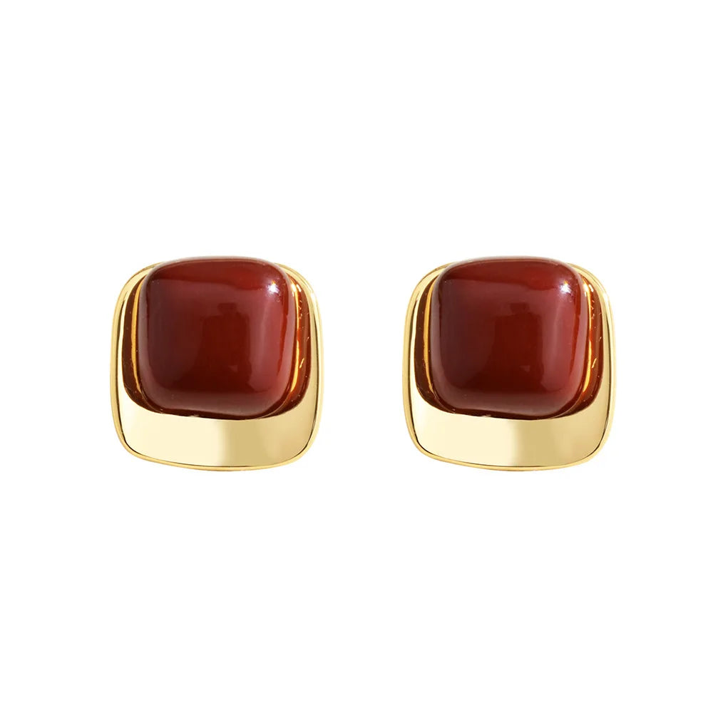 Vintage Burgundy Enamel Stud Earrings Gold Plated Geometric Square Round Minimalist Elegant French Style Ear Jewelry Women Bulk