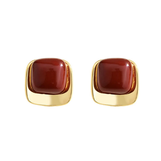 Vintage Burgundy Enamel Stud Earrings Gold Plated Geometric Square Round Minimalist Elegant French Style Ear Jewelry Women Bulk