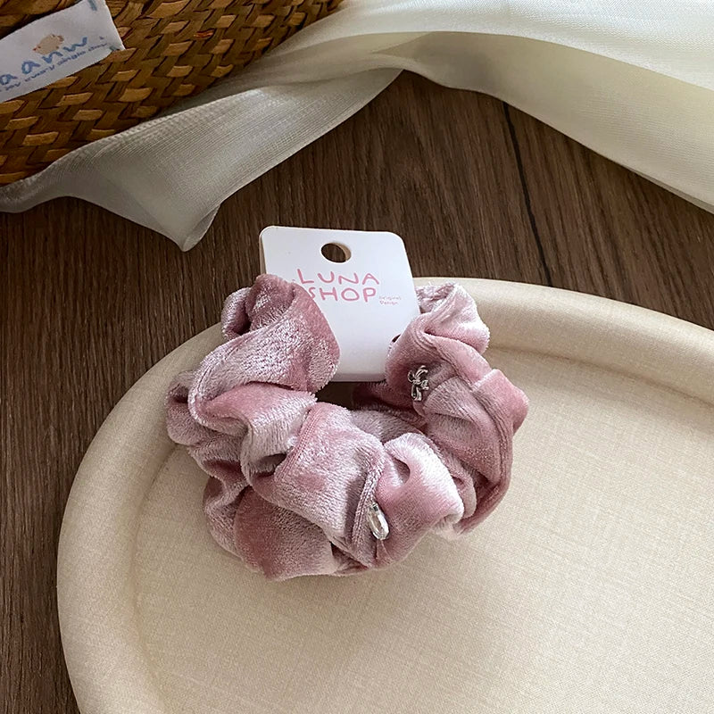 Simple Solid Color Glitter Bowknot Scrunchies for Baby Girls Elegant Velvet Luxurious Hair Ties for Kids Child Hair Accessories