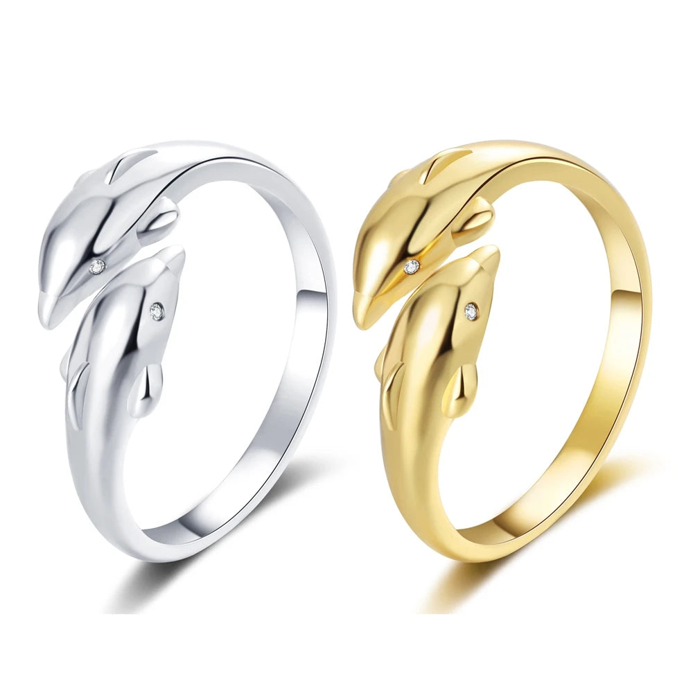 Double Dolphin Rings Women Fashion Niche Design Simple Adjustable Opening Cute Finger Ring Korean Style Accessories Wholesale
