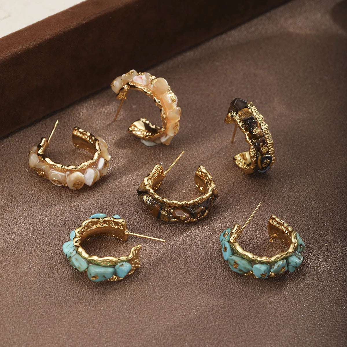 Fashion Tiger Eye Stone Blue Turquoise Shell 18K Gold Plated S925 Silver Hoop Earrings for Girl Jewelry for Women Lady Wholesale