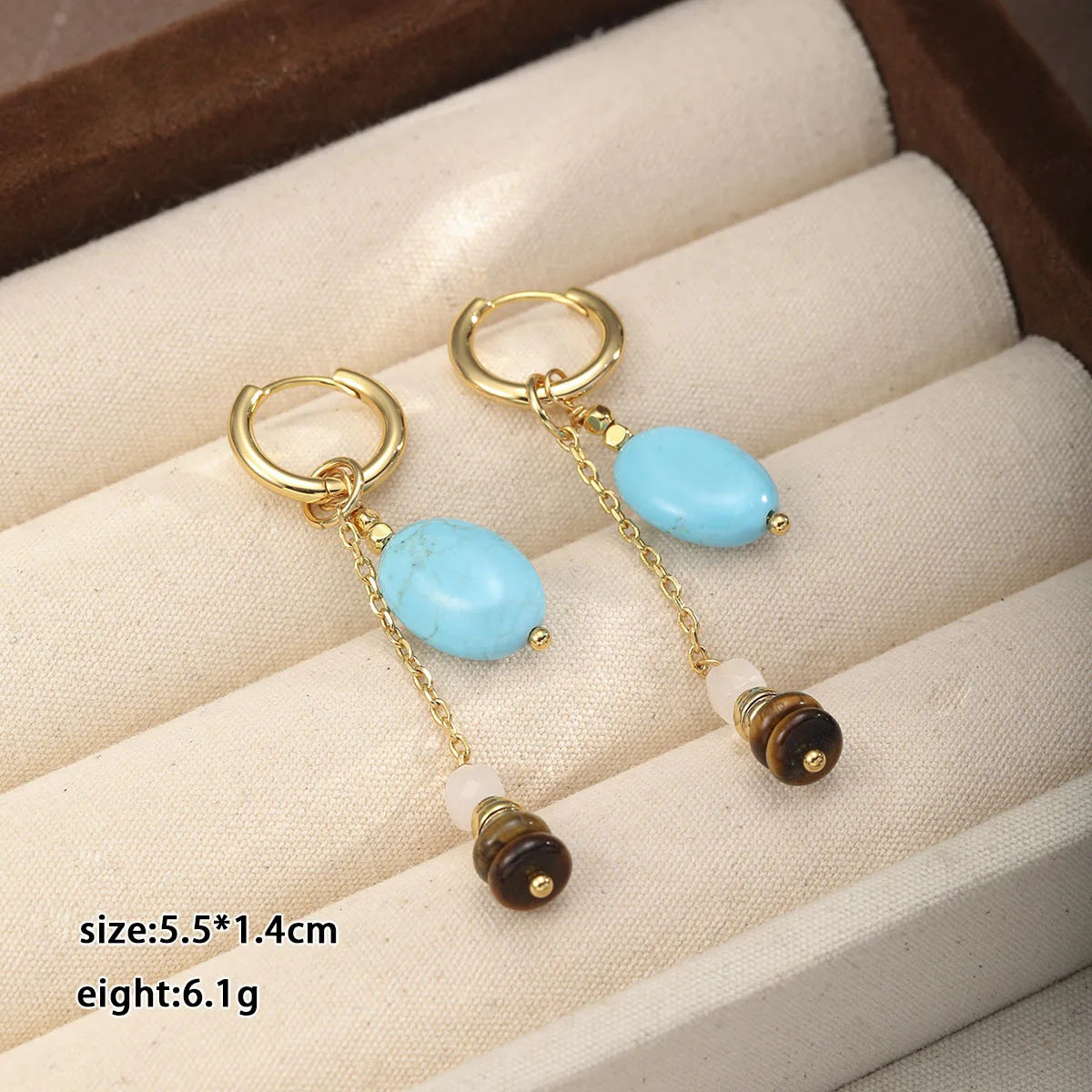 Fashion Blue Turquoise Tiger Eye Stone Drop Earrings for Girls 18K Gold Plated Jewelry for Women Ladies Wholesale Natural Stone