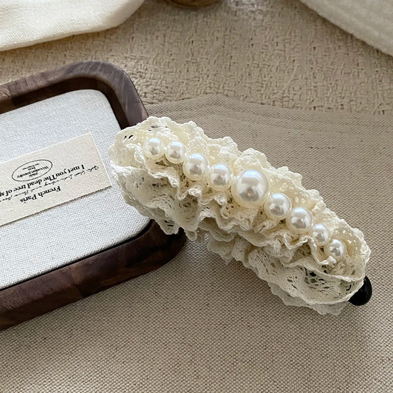 Gentle Banana Clips White Lace Hair Clips for Women Girls with Imitation Pearl French Elegant High-end Hair Accessory Wholesale
