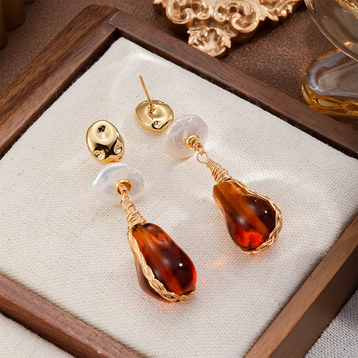 Women Red Glass Crystal Beads S925 Silver 18k Gold-plated Freshwater Pearl Earring Elegant Trendy Low MOQ in Stock Daily Jewelry