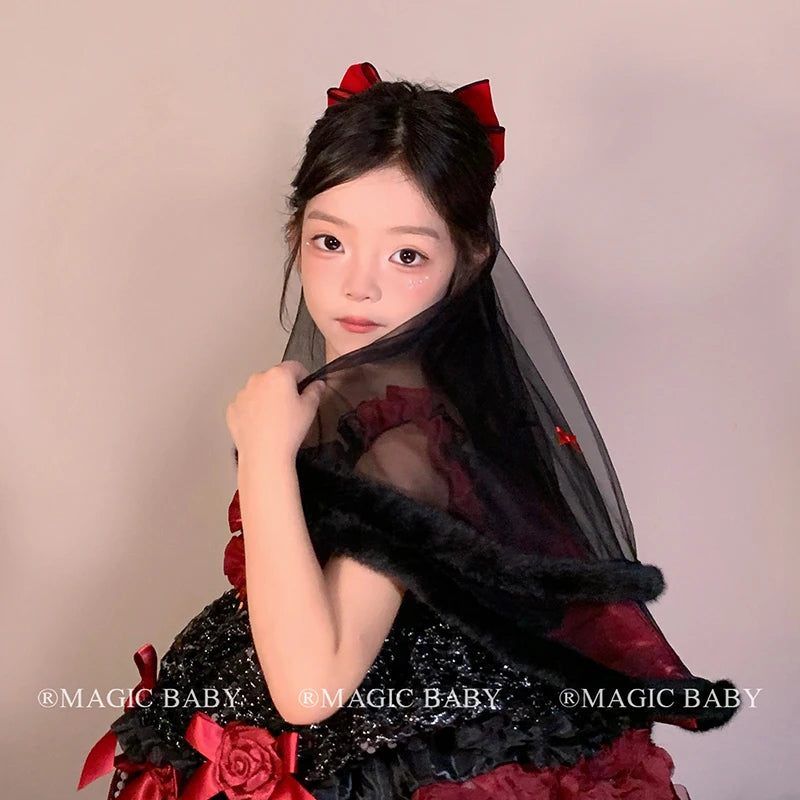 Halloween Hair Clip for Kids Red Ribbon Bow Mesh Gothic Style Children Hair Accessories Spooky Elegant Costume Party Hairpins