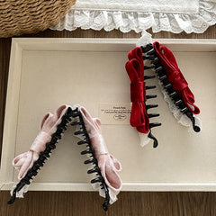 Fashion Bowknot Lace Velvet Durable Hair Clips for Girls Trendy Stylish Banana Clips for Women Ladies Hair Accessories Chic