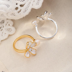Fashion Freshwater Pearl Cubic Zirconia Flowers White K Plated Rings for Girls Sweet Jewelry for Women Ladies Wholesale Simple
