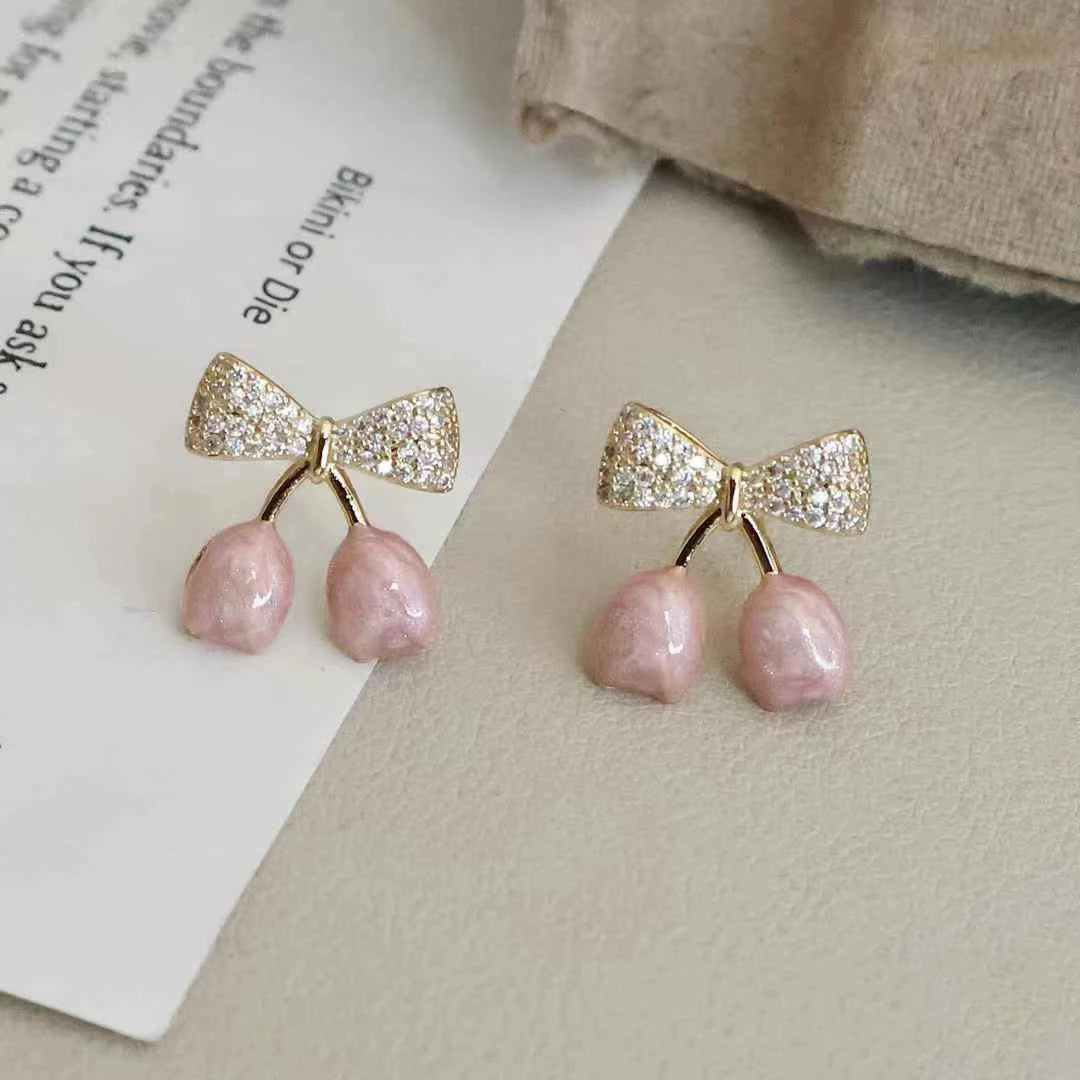 Vintage Retro Elegant Refined Drop Earrings for Girls Trendy Art Deco Bowknot Cherry Jewelry for Women Ladies Accessories Chic