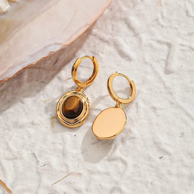 Female Brown Tiger Eye Stone 18k Gold-plated Hoop Earring Fashion Elegant Vintage in Stock Factory Price Jewelry for Women Daily