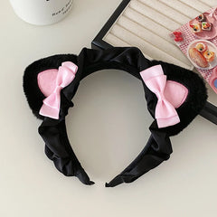 Hot Sale Cat Ear Pink Bowknot Large Black Downy Headbands Sweet Cute Wig Bands Wholesale in Stock Hairbands for Women Accessory